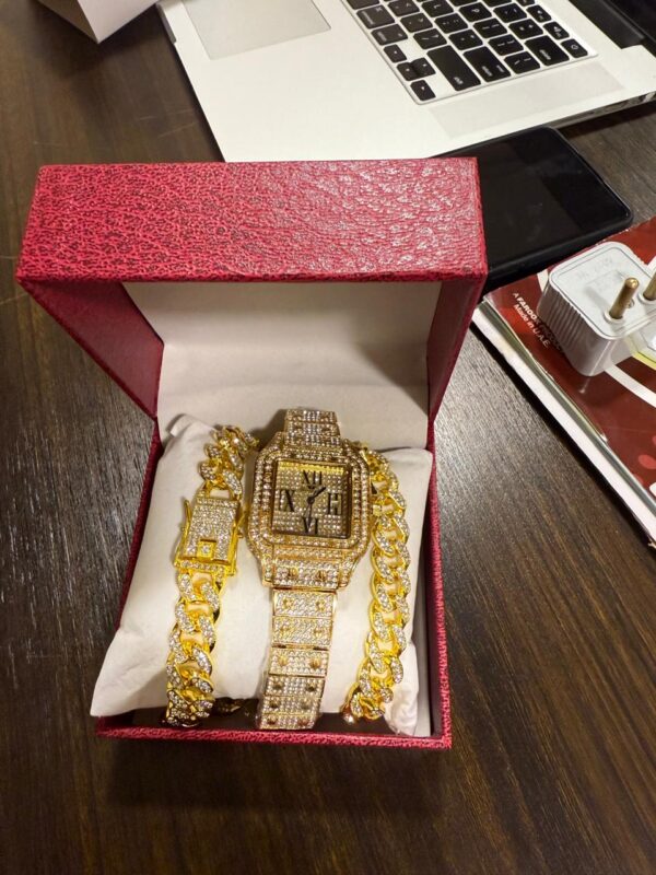 3-Piece Iced Out Men's Jewelry Set – Crystal Watch, Cuban Chain Necklace & Bracelet (GoldSilver)