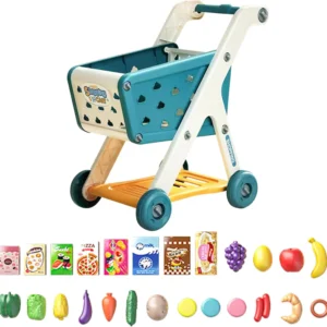 Kids Shopping Cart Play Set with Pretend Food – 26-Piece Toy Grocery Trolley for Imaginative Play