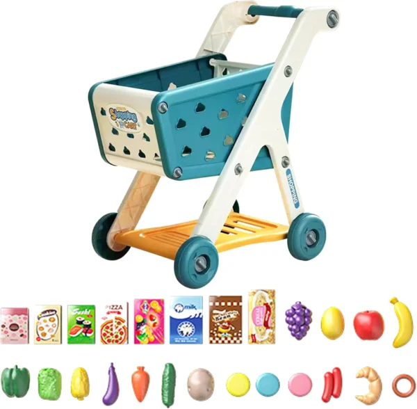 Kids Shopping Cart Play Set with Pretend Food – 26-Piece Toy Grocery Trolley for Imaginative Play