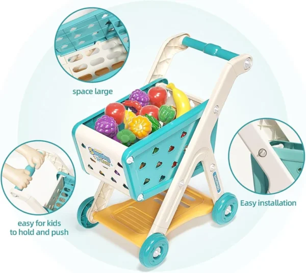 Kids Shopping Cart Play Set with Pretend Food – 26-Piece Toy Grocery Trolley for Imaginative Play