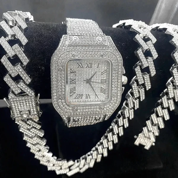 3-Piece Iced Out Men's Jewelry Set – Crystal Watch, Cuban Chain Necklace & Bracelet (Gold/Silver)