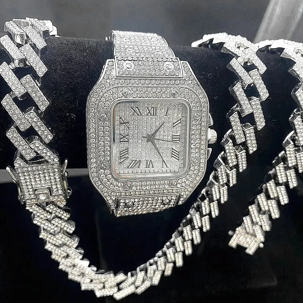 3-Piece Iced Out Men’s Jewelry Set – Crystal Watch, Cuban Chain Necklace & Bracelet (Gold/Silver)