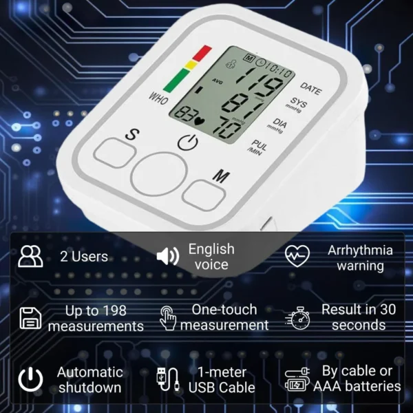 Automatic Blood Pressure Monitor – Clinically Validated with Arrhythmia Detection & WHO Color-Coded Indicator