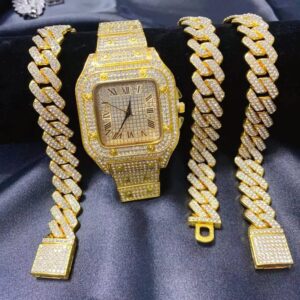 3-Piece Iced Out Men's Jewelry Set – Crystal Watch, Cuban Chain Necklace & Bracelet (Gold/Silver)