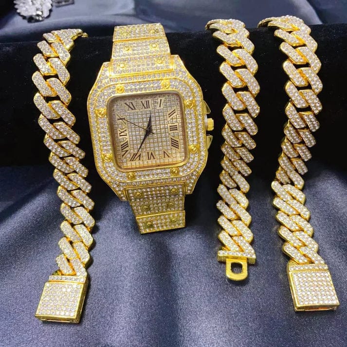 3-Piece Iced Out Men's Jewelry Set – Crystal Watch, Cuban Chain Necklace & Bracelet (Gold/Silver)
