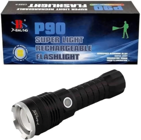 P90 Super Light Rechargeable Flashlight – 90,000 Lumens, Zoomable, IPX7 Waterproof