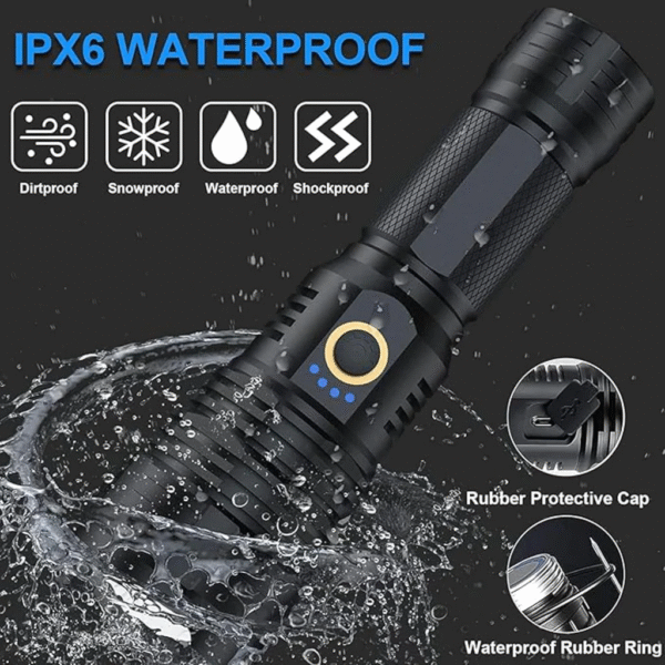 P90 Super Light Rechargeable Flashlight – 90,000 Lumens, Zoomable, IPX7 Waterproof
