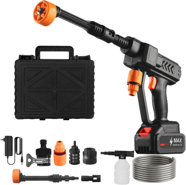High Pressure Water Cleaning Gun – Portable 21V Cordless Washer with 6-in-1 Adjustable Nozzle & Dual 1200mAh Batteries