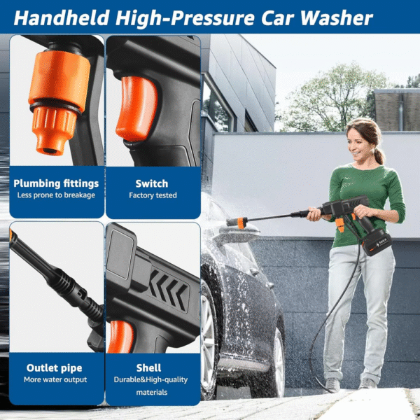 High Pressure Water Cleaning Gun – Portable 21V Cordless Washer with 6-in-1 Adjustable Nozzle & Dual 1200mAh Batteries
