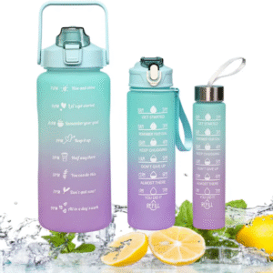 Teal & Purple Ombre 3-Pack BPA-Free Water Bottle Set with Straw & Time Tracker (2 L, 900 ml, 500 ml) for Sports, Gym & School