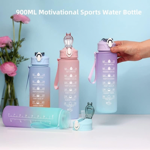Teal & Purple Ombre 3-Pack BPA-Free Water Bottle Set with Straw & Time Tracker (2 L, 900 ml, 500 ml) for Sports, Gym & School