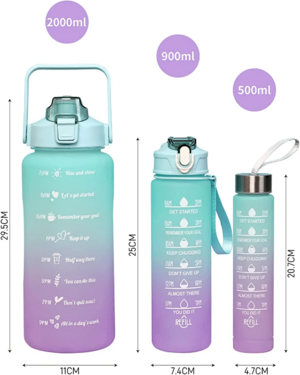 Teal & Purple Ombre 3-Pack BPA-Free Water Bottle Set with Straw & Time Tracker (2 L, 900 ml, 500 ml) for Sports, Gym & School