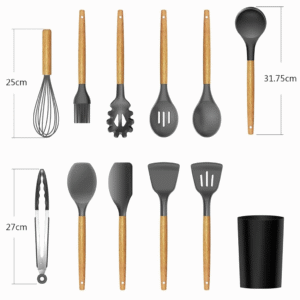 12-Piece Silicone Kitchen Utensil Set with Heat-Resistant Wooden Handles – Non-Stick, BPA-Free Cooking & Baking Tools