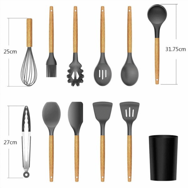 12-Piece Silicone Kitchen Utensil Set with Heat-Resistant Wooden Handles – Non-Stick, BPA-Free Cooking & Baking Tools