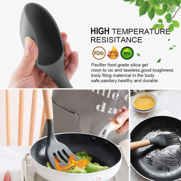 12-Piece Silicone Kitchen Utensil Set with Heat-Resistant Wooden Handles – Non-Stick, BPA-Free Cooking & Baking Tools