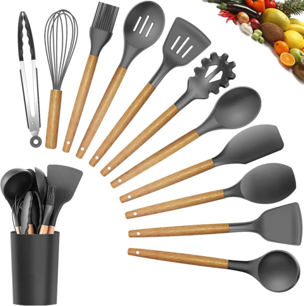 12-Piece Silicone Kitchen Utensil Set with Heat-Resistant Wooden Handles – Non-Stick, BPA-Free Cooking & Baking Tools