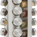 Home Basics Brushed-Silver 16-Jar Revolving Spice Rack Carousel with Clear Glass Jars, Airtight Twist-On Lids & Removable Sifters