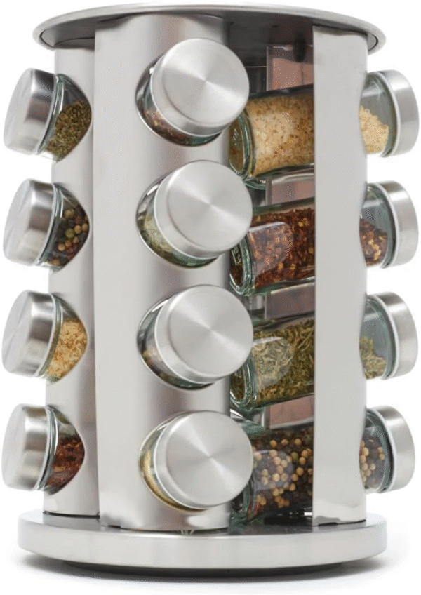 Home Basics Brushed-Silver 16-Jar Revolving Spice Rack Carousel with Clear Glass Jars, Airtight Twist-On Lids & Removable Sifters