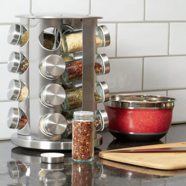Home Basics Brushed-Silver 16-Jar Revolving Spice Rack Carousel with Clear Glass Jars, Airtight Twist-On Lids & Removable Sifters