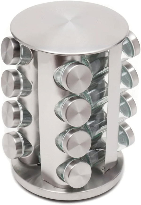 Home Basics Brushed-Silver 16-Jar Revolving Spice Rack Carousel with Clear Glass Jars, Airtight Twist-On Lids & Removable Sifters