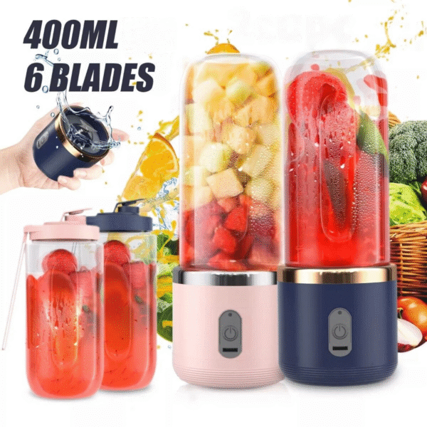 Mini Portable USB Rechargeable Blender – 400ml, 6-Blade Smoothie & Milkshake Maker with 2 Bottles – Wireless, Self-Cleaning, Travel-Friendly (Blue)