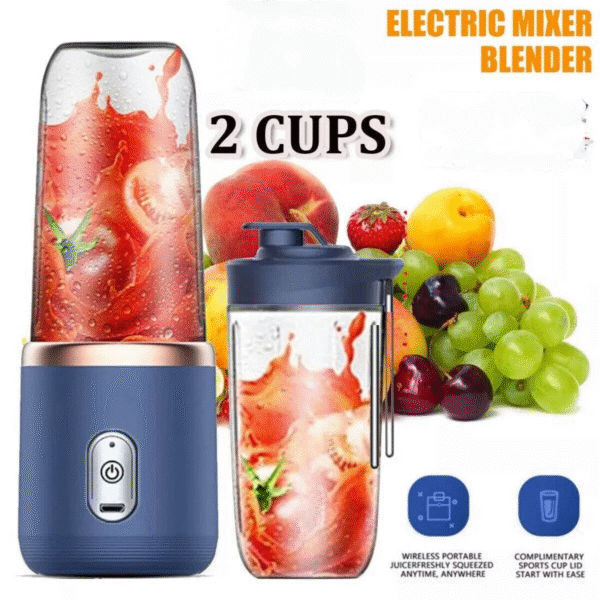 Mini Portable USB Rechargeable Blender – 400ml, 6-Blade Smoothie & Milkshake Maker with 2 Bottles – Wireless, Self-Cleaning, Travel-Friendly (Blue)