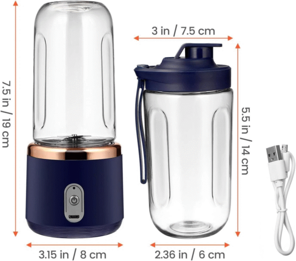 Mini Portable USB Rechargeable Blender – 400ml, 6-Blade Smoothie & Milkshake Maker with 2 Bottles – Wireless, Self-Cleaning, Travel-Friendly (Blue)